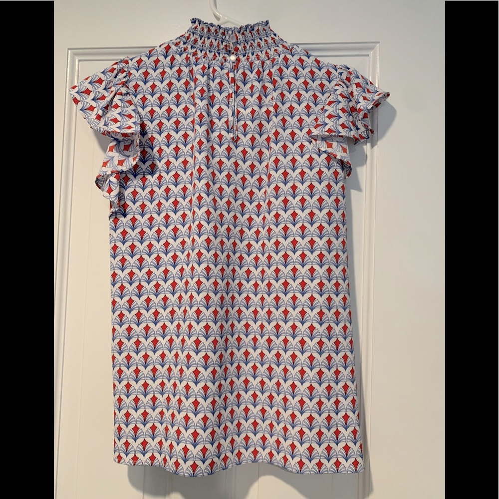 THML Red, Blue & White Patterned Ruffle Sleeve Smocked Neck Blouse